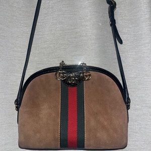 Beige, Suede Small Ophidia Dome Crossbody Bag.